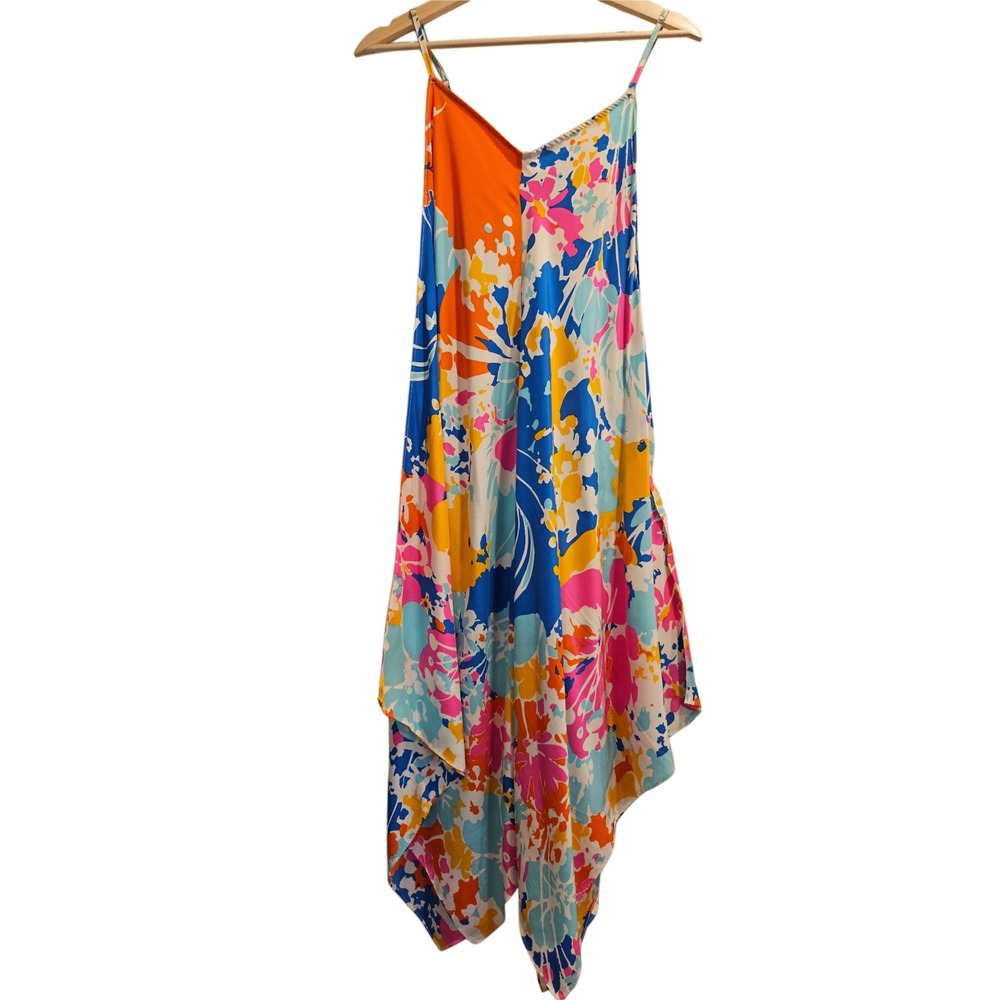 JB by Julie Brown NYC 100% Silk Vibrant Floral Handkerchief Hem Dress Medium